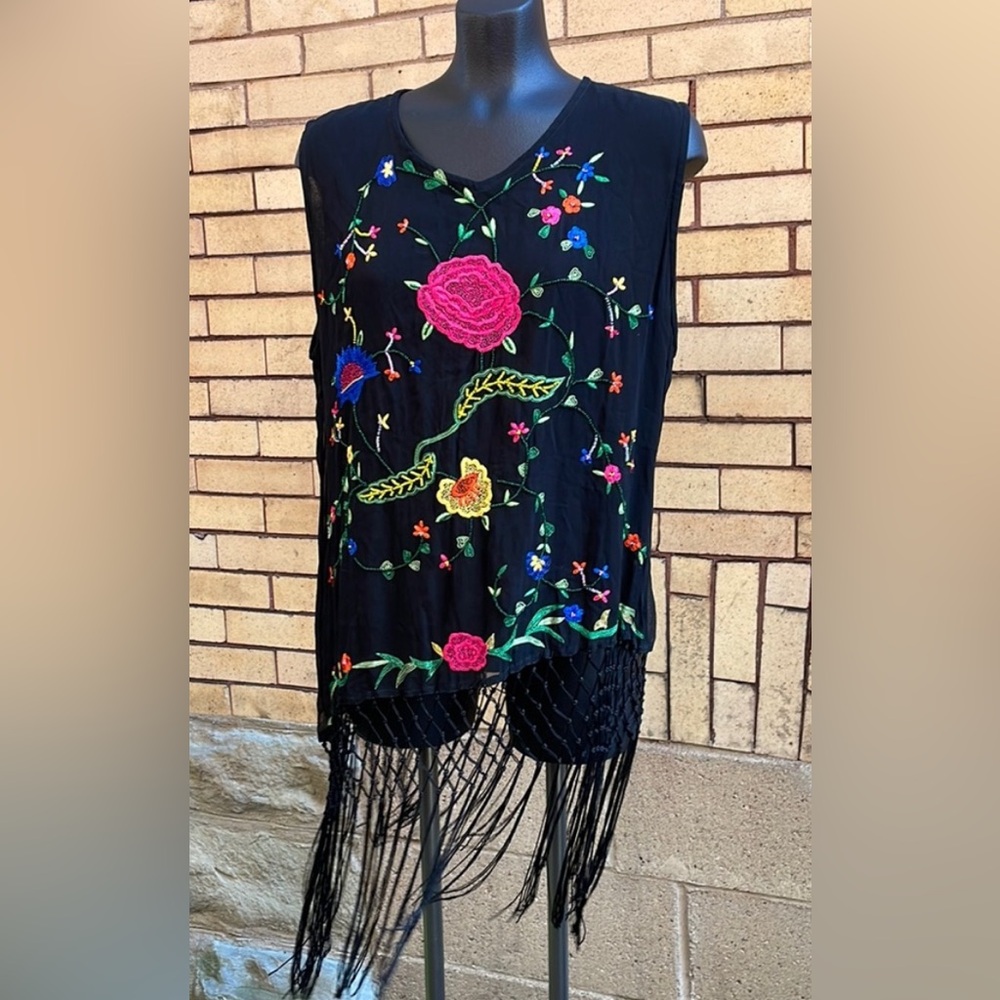 Vintage Sterling Styles Boho Fringe Embroidered Floral Blouse One Size